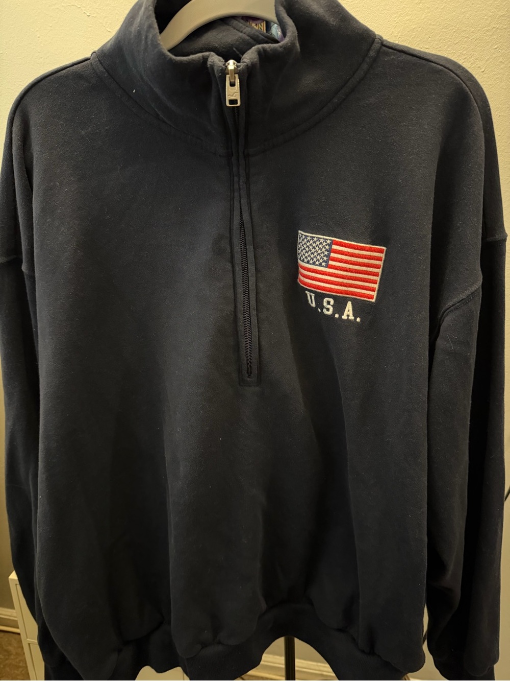 Hollister Navy Quarter-Zip Sweatshirt with USA Flag Embroidery